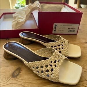 Staud Simone Cream Leather Crochet Heel